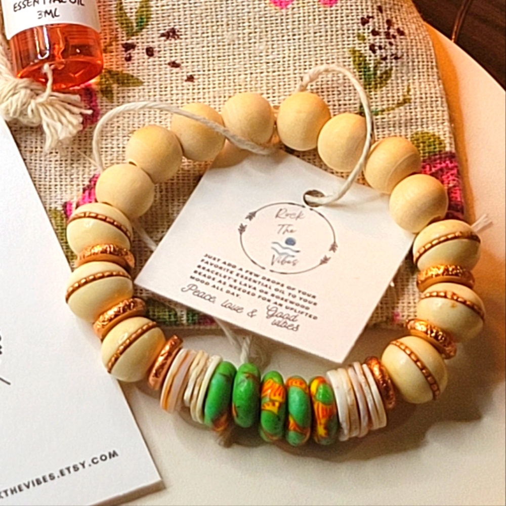 Copper Inlaid Bone, Seashell Heishi & Green Recycled Glass Aromatherapy Bracelet